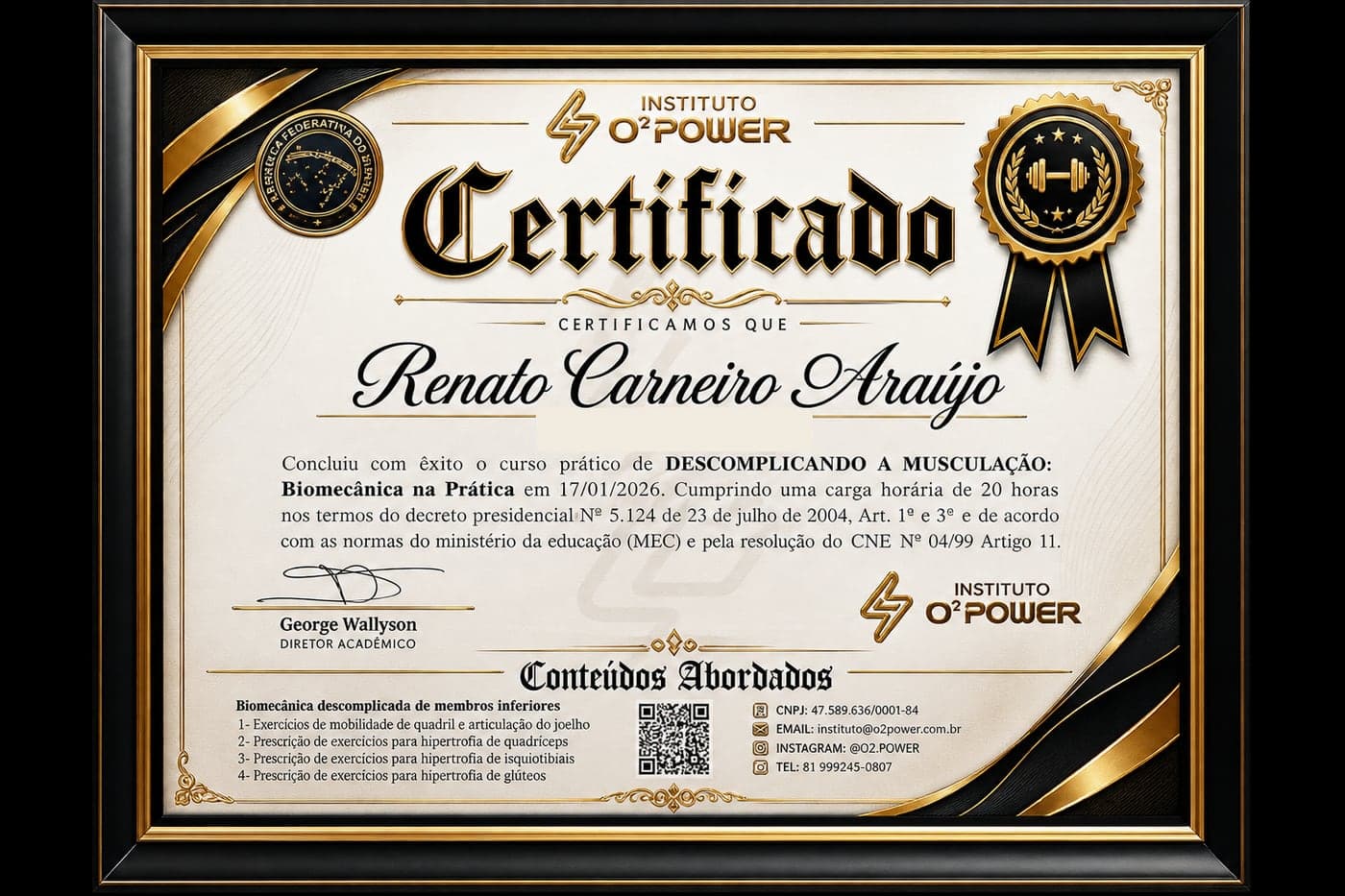 Certificado do Instituto O²Power — Descomplicando a Musculação: Biomecânica na Prática