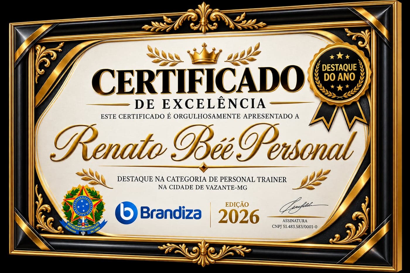 Certificado de Excelência — Destaque do Ano 2026 na categoria Personal Trainer em Vazante-MG