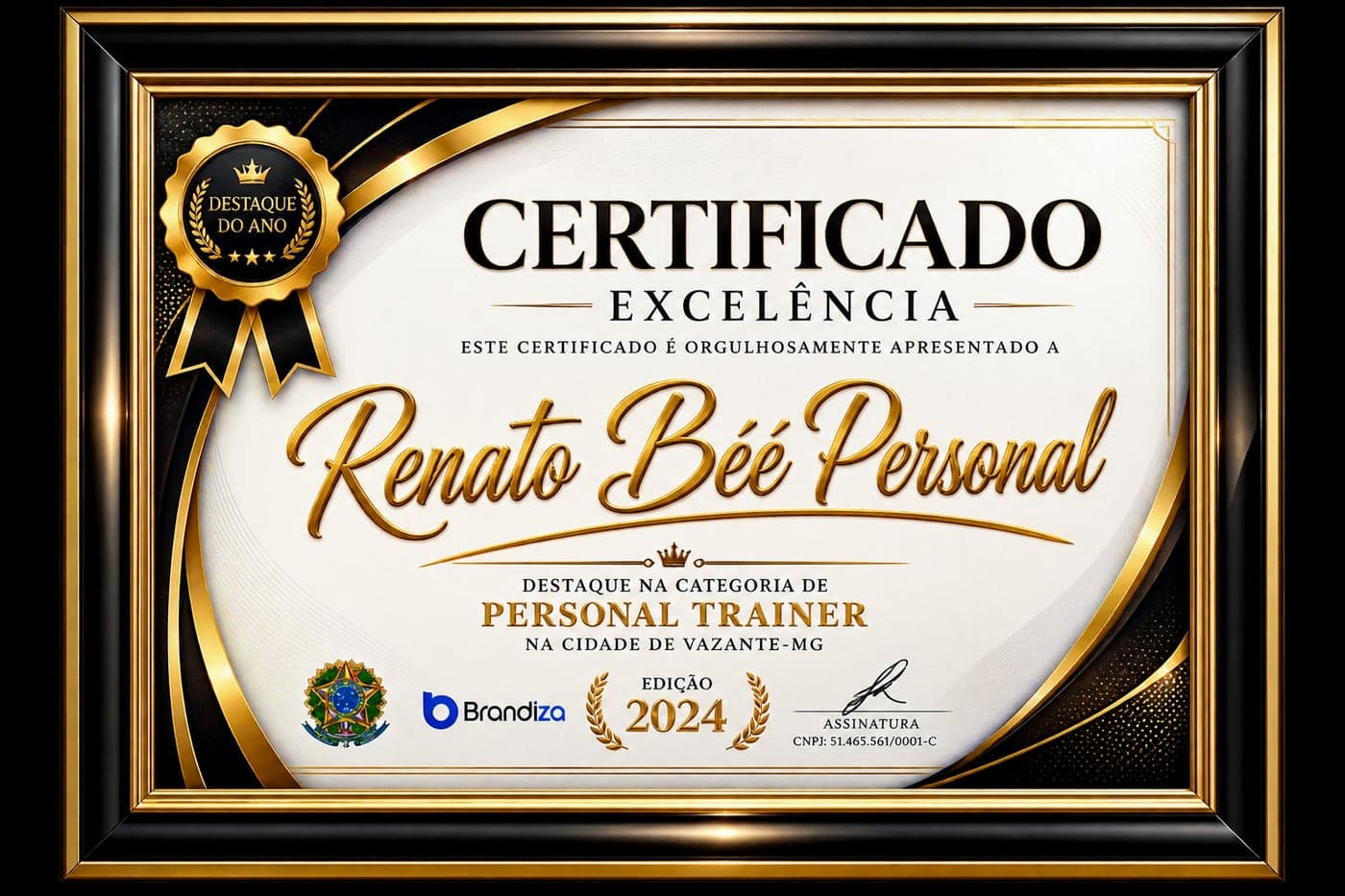 Certificado de Excelência — Destaque do Ano 2024 na categoria Personal Trainer em Vazante-MG
